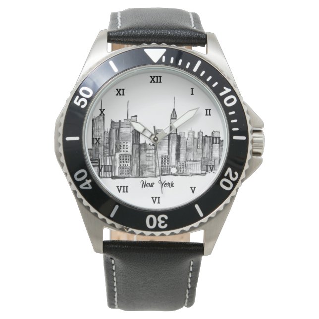 New York City Black Modern Skyline Travel NYC Watch (Front)