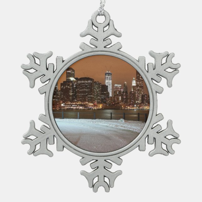 New York City Blanketed in Snow Snowflake Pewter Christmas Ornament (Front)