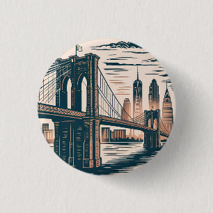 New York City Brooklyn Bridge Bold Retro Skyline  3 Cm Round Badge