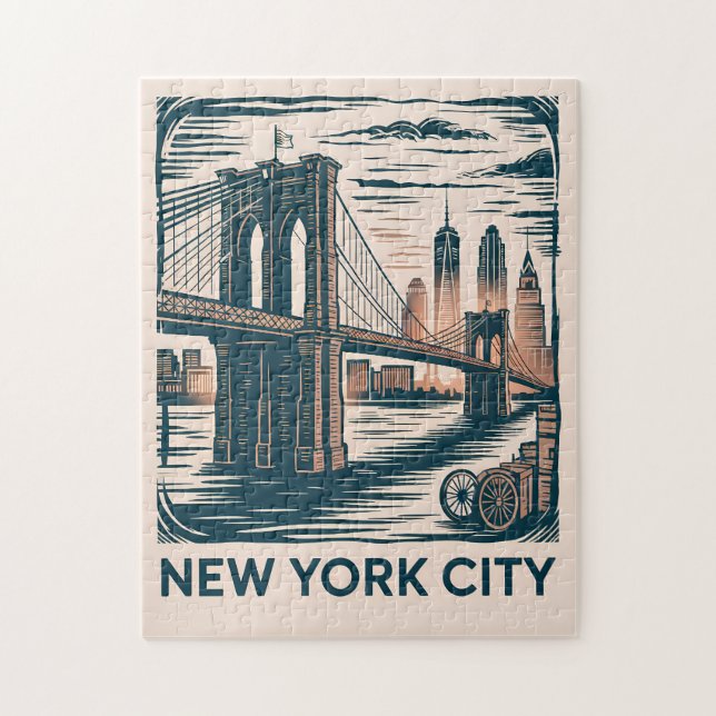 New York City Brooklyn Bridge Bold Retro Skyline  Jigsaw Puzzle (Vertical)