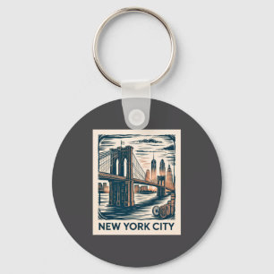 New York City Brooklyn Bridge Bold Retro Skyline  Key Ring