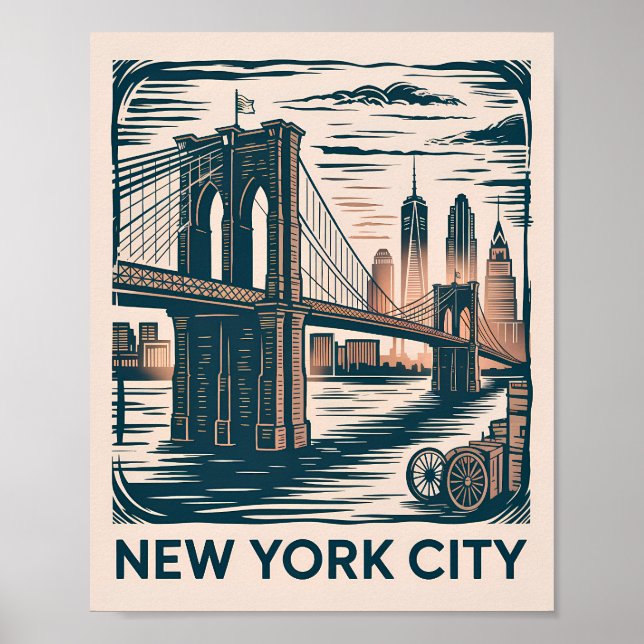 New York City Brooklyn Bridge Bold Retro Skyline  Poster (Front)