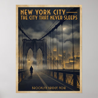 New York City Brooklyn Bridge Noir Vintage Travel Poster