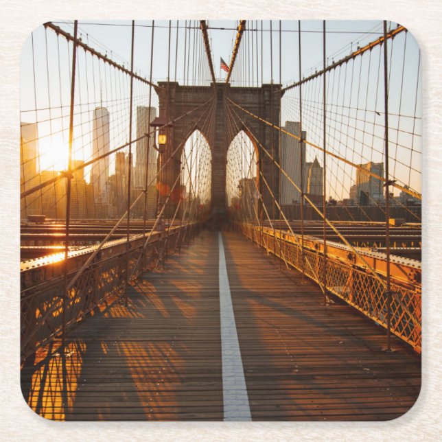 New York City Brooklyn Bridge Sunrise Square Paper Coaster (Front)