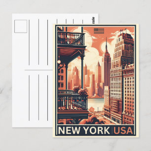New York City buildings Vintage balcony view Postcard