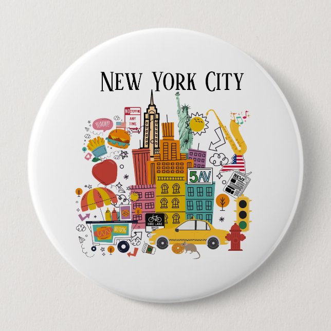 New York City Cartoon Style 10 Cm Round Badge (Front)