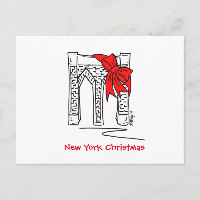 New York City Christmas NYC Brooklyn Bridge Bow Holiday Postcard (Front)