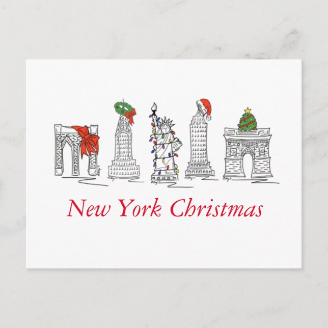 New York City Christmas NYC Landmarks Holiday Postcard (Front)