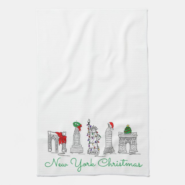 New York City Christmas NYC Landmarks Holiday Tea Towel (Vertical)