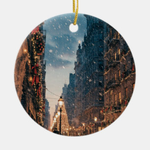 New York City Christmas Snow Poster Ceramic Tree Decoration