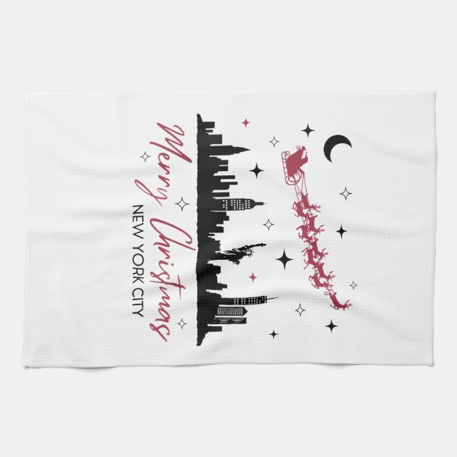 New York City Christmas Trip, Merry Christmas New  Tea Towel (Horizontal)