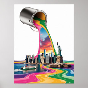 New York City Colourful Rainbow Paint Pour Poster