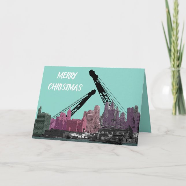 New York City Crane Operator 1930's Skyline Comic Holiday Card (Front)
