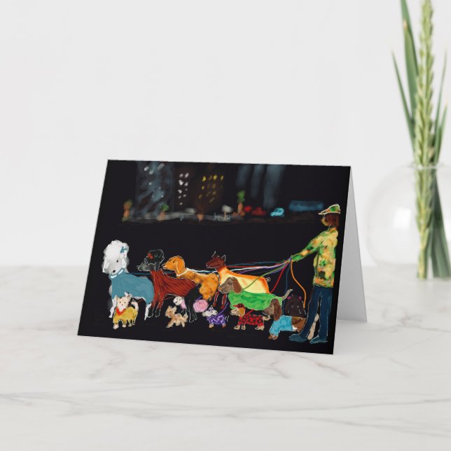 New York City dog walker with dogs in coats Holiday Card (Front)