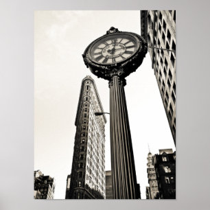 New York City - Flatiron Building and Clock Poster
