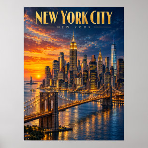 New York City Golden Skyline Sunset Travel Poster