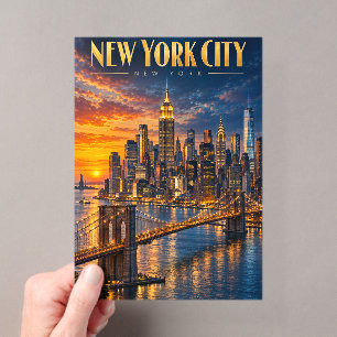 New York City Golden Skyline Sunset Travel Poster Acrylic Invitations