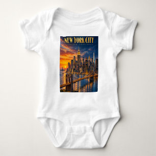 New York City Golden Skyline Sunset Travel Poster Baby Bodysuit