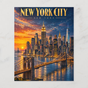 New York City Golden Skyline Sunset Travel Poster Flyer