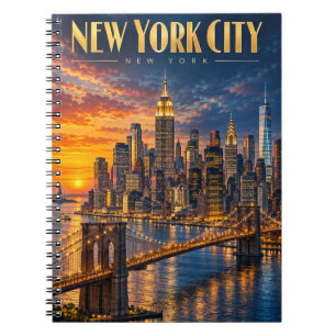 New York City Golden Skyline Sunset Travel Poster Notebook
