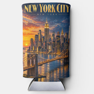 New York City Golden Skyline Sunset Travel Poster Seltzer Can Cooler