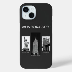 New York City Landmarks Black White Urban Illustra iPhone 15 Case