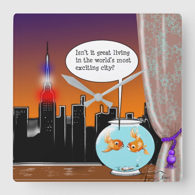 New York City Living Cartoon with Fish in Fishbowl Square Wall Clock (Front)