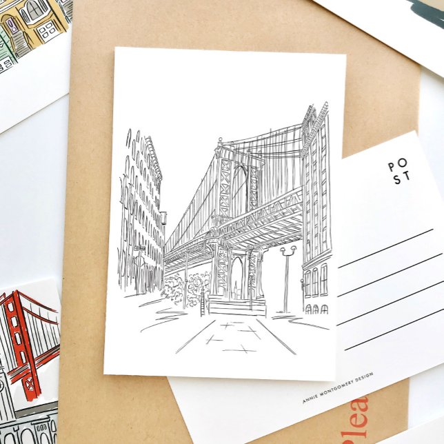 New York City Manhattan Bridge Postcard (Black and white sketch New York Brooklyn Bridge travel postcard.)