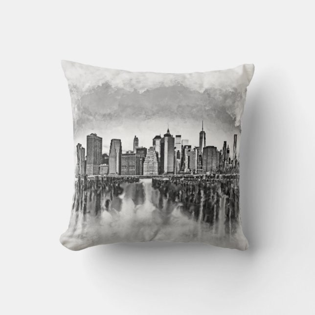 New York City Manhattan Skyline- black and white Cushion (Front)
