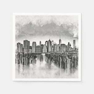 New York City Manhattan Skyline- black and white Napkin