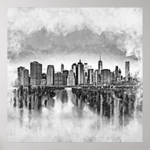 New York City Manhattan Skyline- black and white Poster