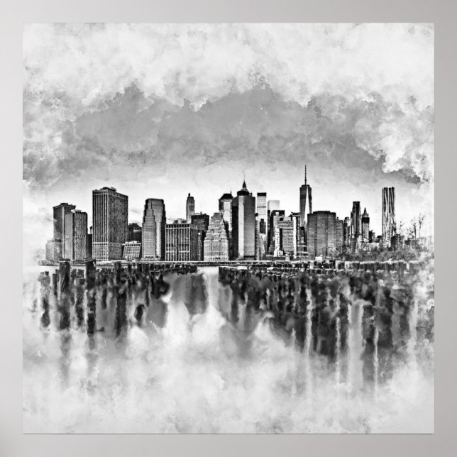 New York City Manhattan Skyline- black and white Poster (Front)