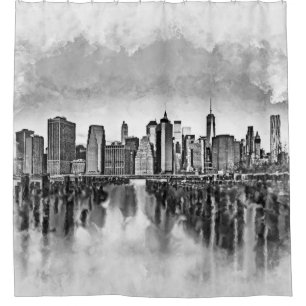 New York City Manhattan Skyline- black and white Shower Curtain