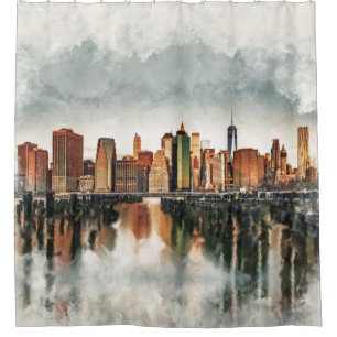New York City Manhattan Skyline- mixed media Shower Curtain