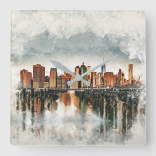 New York City Manhattan Skyline- mixed media Square Wall Clock