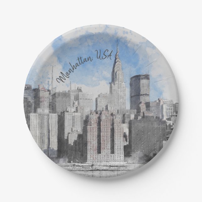  New York City Manhattan Skyline – Modern  Paper Plate (Front)