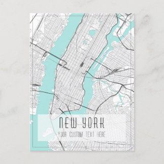 New York City Map, Black, White and Blue Postcard