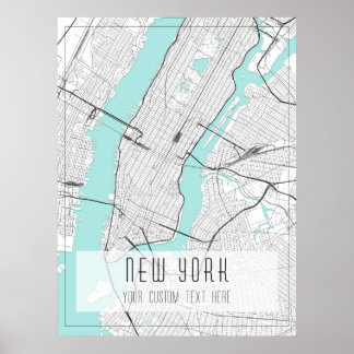 New York City Map, Black, White and Blue Poster