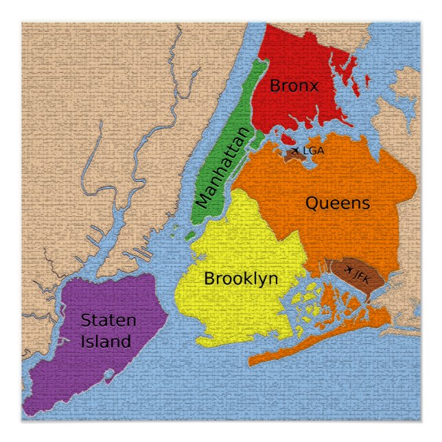 New York City Map Boroughs Labels Glossy Poster (Front)