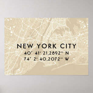 New York City Map Custom Coordinates   Beige Poster