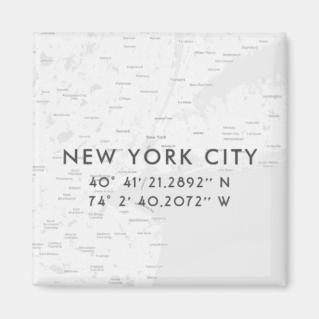 New York City Map Custom Coordinates | Light Grey Magnet (Front)