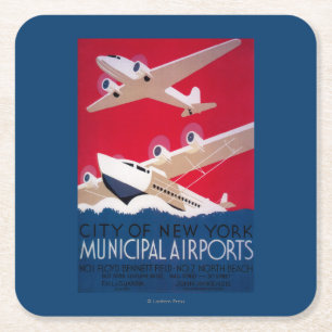 New York City Municipal Airport Vintage Poster Square Paper Coaster