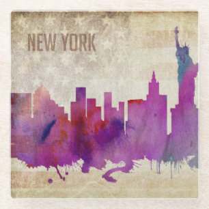 New York City, NY Watercolor City Skyline Glass Coaster