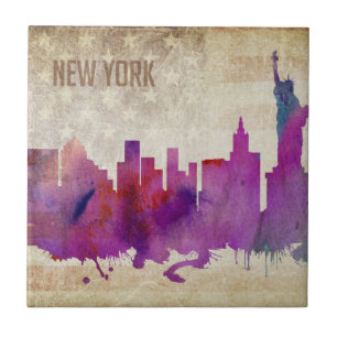 New York City, NY Watercolor City Skyline Tile