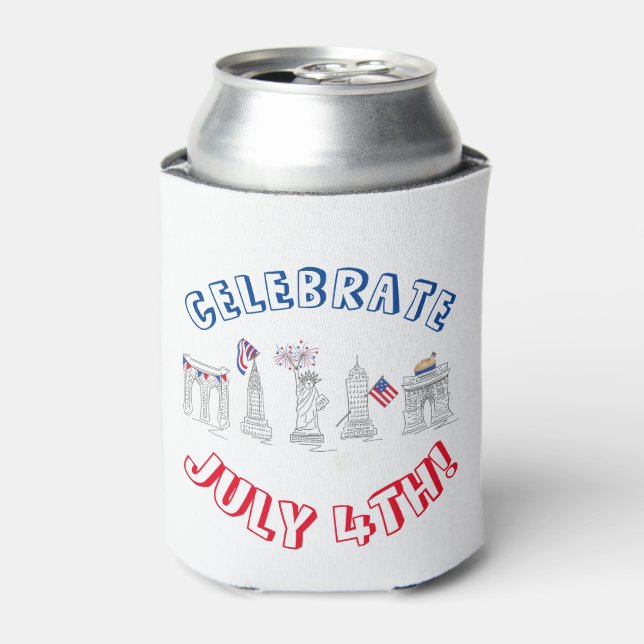 New York City NYC Fourth 4th of July Landmarks USA Can Cooler (Can Front)