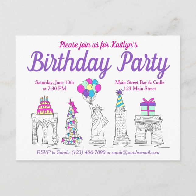 New York City NYC Landmarks Birthday Party Invitation Postcard (Front)