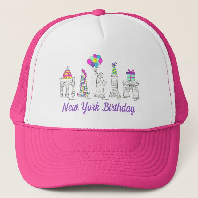 New York City NYC Landmarks Birthday Party Trucker Hat (Front)