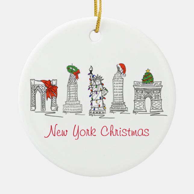 New York City NYC Landmarks Christmas Holiday Ceramic Tree Decoration (Front)