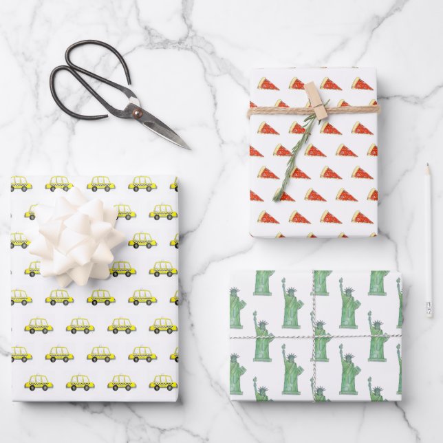 New York City NYC Pizza Taxi Cab Statue of Liberty Wrapping Paper Sheet (Front)