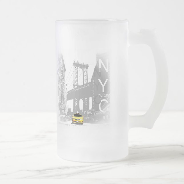 New York City Nyc Yellow Taxi Brooklyn Bridge Frosted Glass Beer Mug (Right)